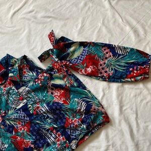 Tropical Print long sleeved off the shoulder Button Down Shirt